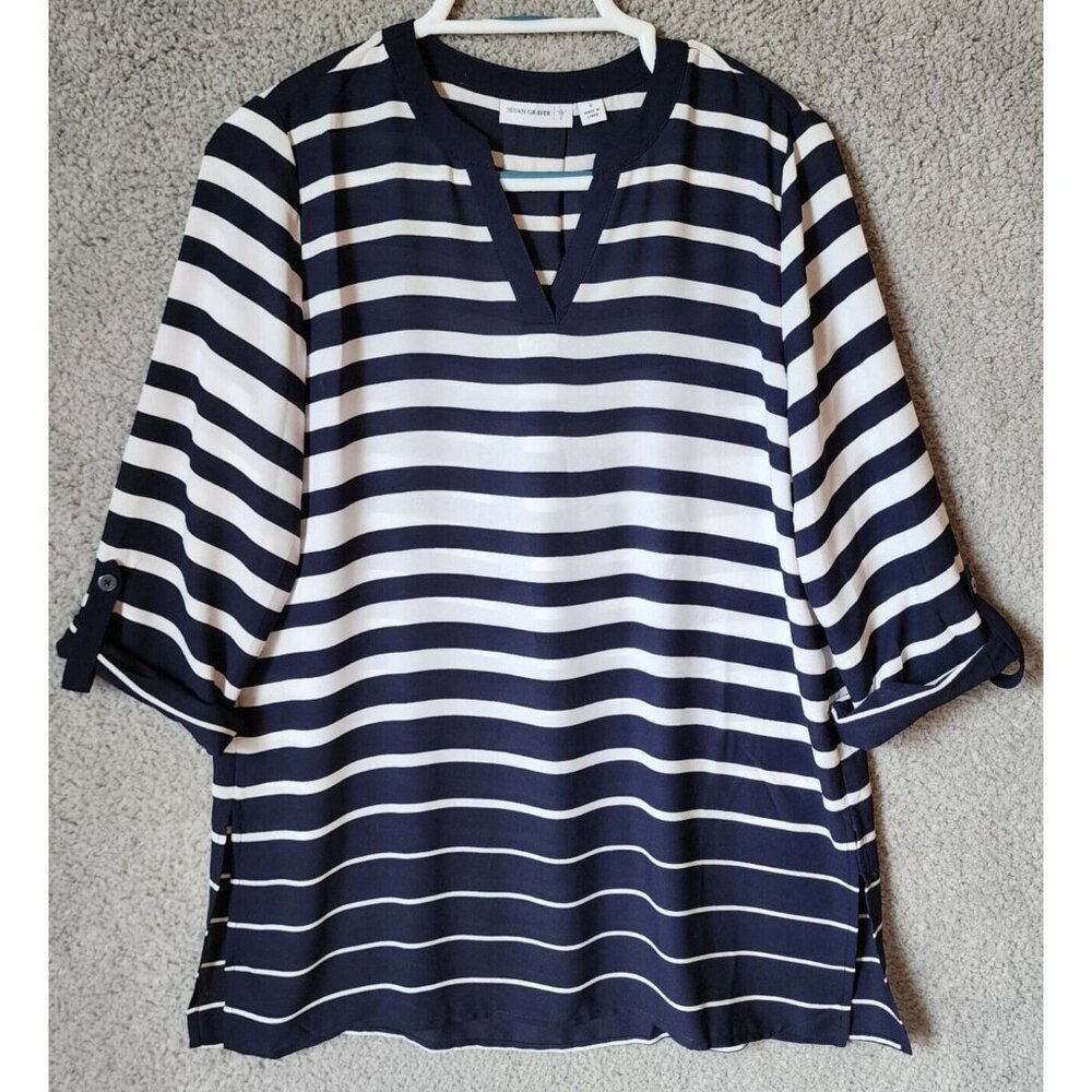 Susan Graver 3/4 Roll Tab Sleeve Popover Tunic Blouse Striped Blue/White Size 6